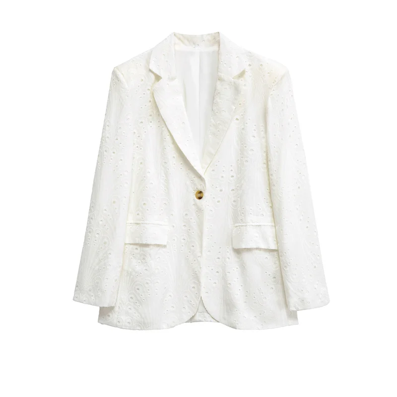 

Women's Coat 2025 Autumn New Style White Long Sleeve Embroidered Hollow-out Decorative Blazer Elegant Style Fashion Personality