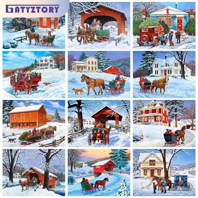 GATYZTORY Acrylic Painting By Numbers For Adults With Frame Snow House Modern Home Wall Art Picture Drawing Coloring By Numbers