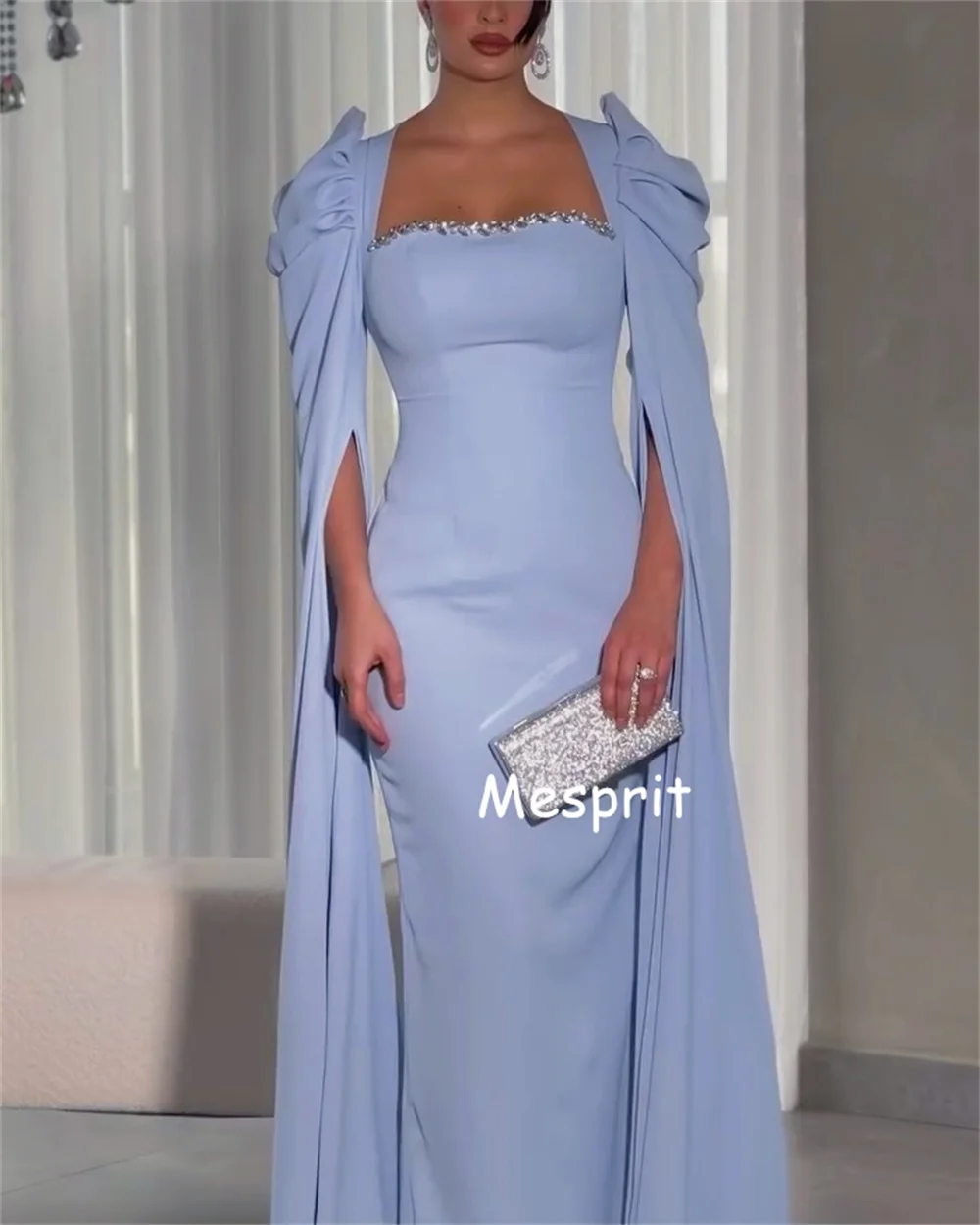 Customized Jersey Rhinestone Pleat Square Neck Long Dresses Bespoke Occasion Party Gown Elegant Evening Sparkle Classic