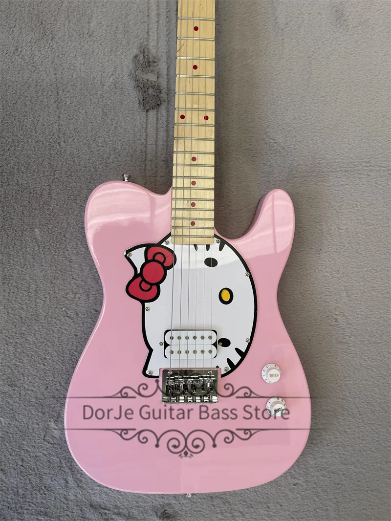 Pink Guitar Tel Electric Guitar Cat Pickguard Maple Fingerboard Red Inlay Fixed Bridge