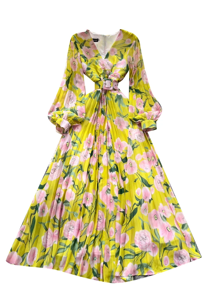 

Summer Women's V-ne Printed Lantern Sve Dr Slimming Pleated Design Long A-line Skirt Korean Sle High Waist Dr
