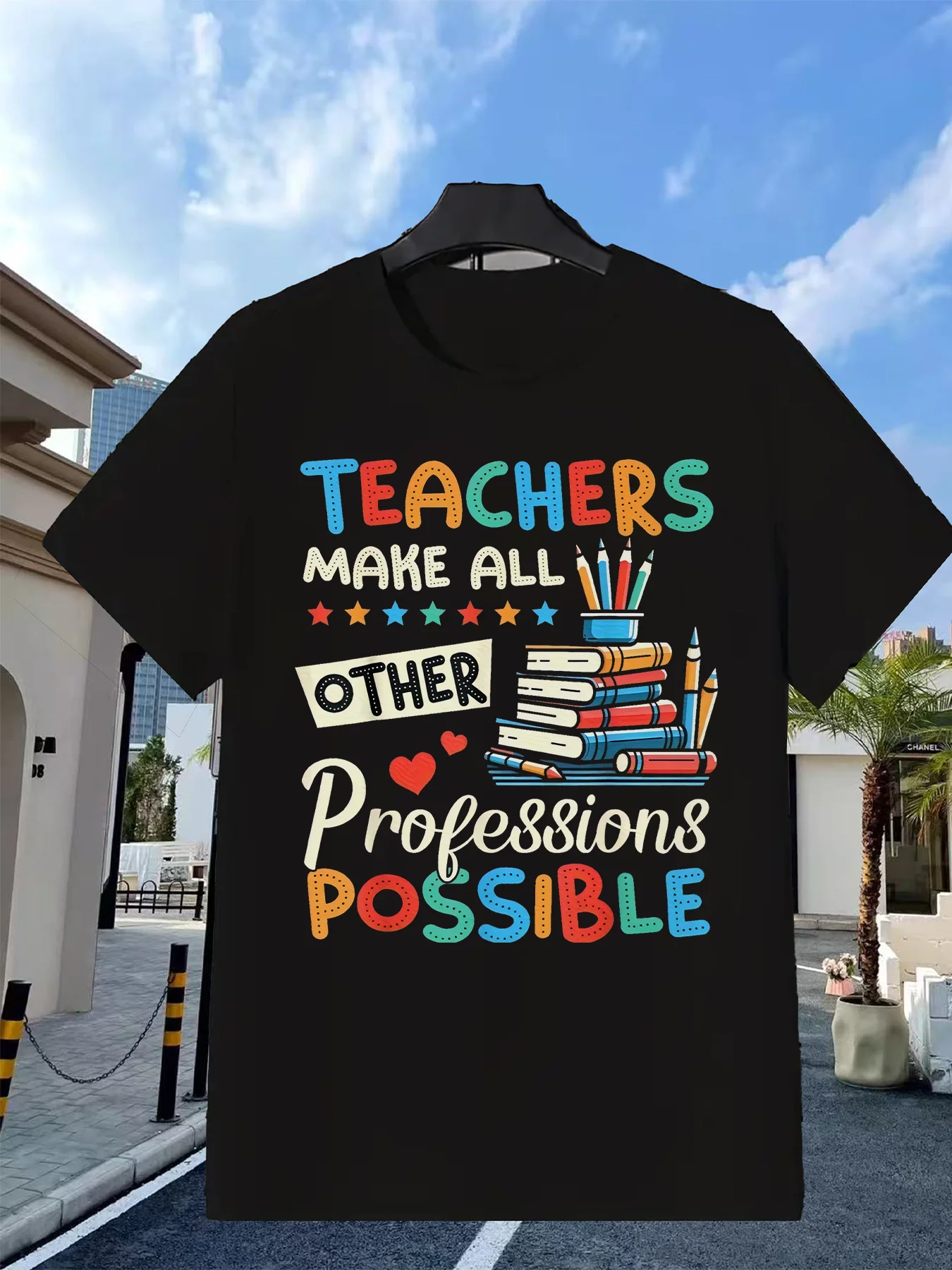 Teachers Make Other Careers Possible. T-Shirts with Colorful Text and Stationery Pattern Designs. a Must-Have for Teachers and Education Enthusiasts. Fashionable Vacation Wear for Enthusiasts. Seasonal Trendy Designs. Holiday Outfits. Comfortable Fit. Elastic Slim Fit