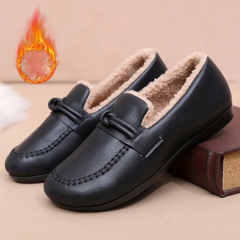 Winter Women Cotton Shoes Moccasins Soft Flat Non-slip Loafers Fashion Comfort Warm Plush Bow Slip on Female Flats Casual Shoes