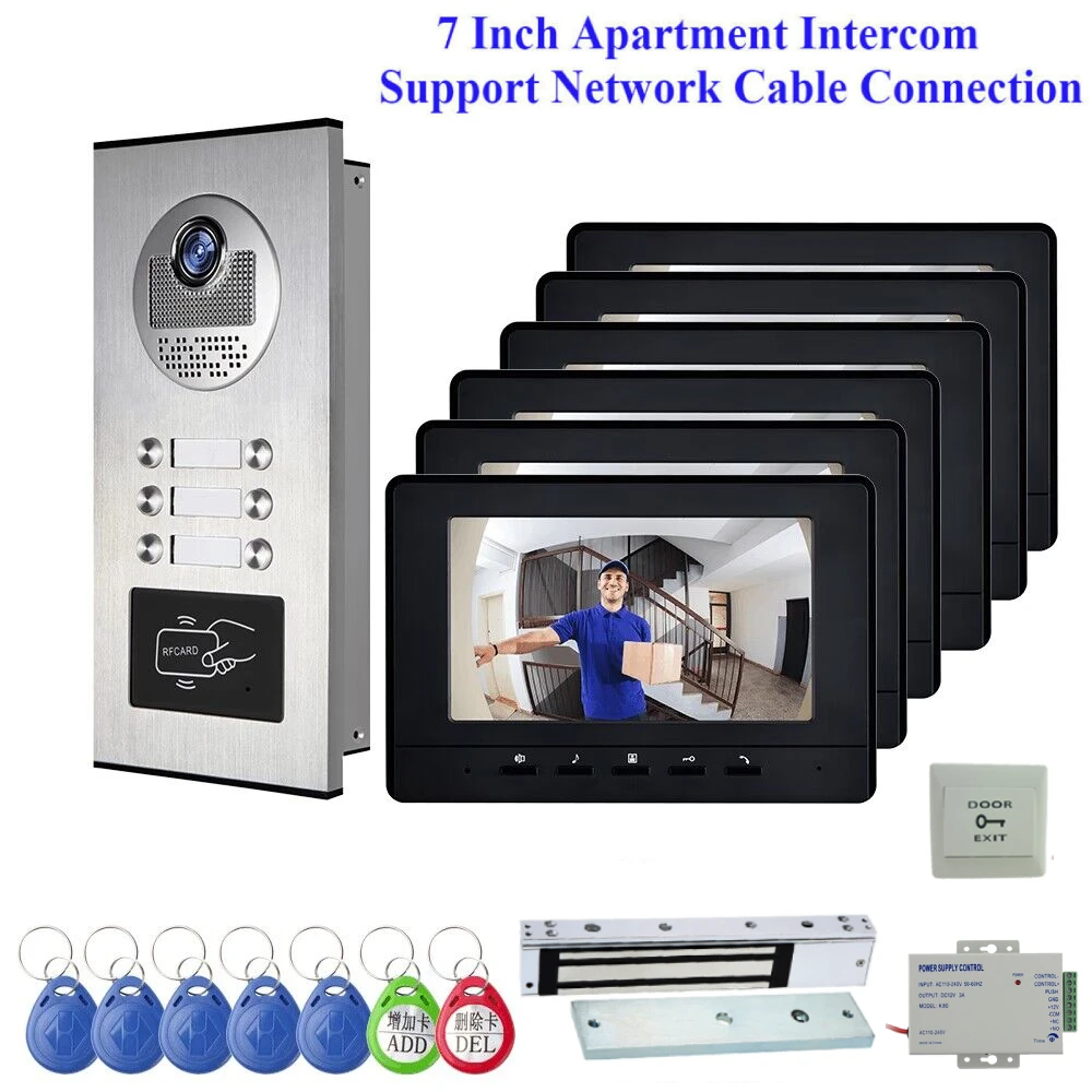 

7" Wired Apartment Video Door Phone Audio Visual Intercom Entry System IR Camera For 2~6 Families