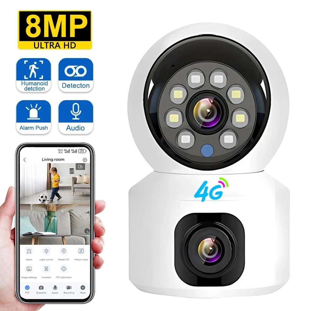 4G SIM IP Camera 8MPWireless Dual Lens Night Vision Indoor Baby Monitor Human Detect Two Way Video Camara CCTV Security V380 Pro