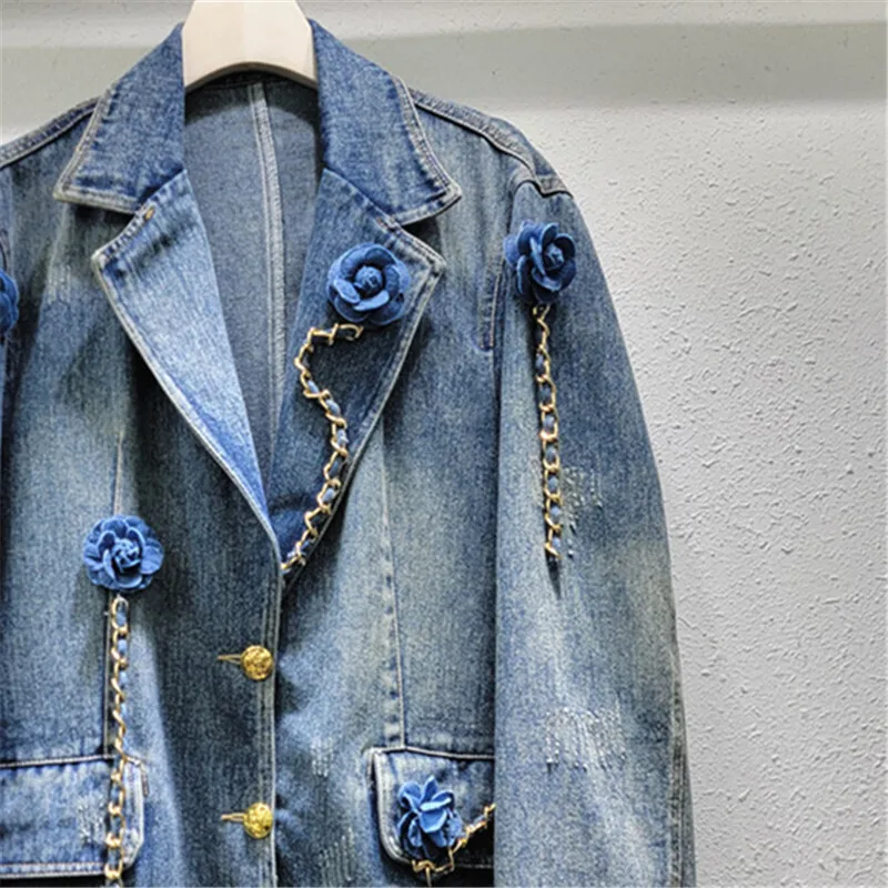 Outono vintage azul terno colarinho 3d flor corrente denim jaqueta feminina solta meados longo cowboy outerwear casual jeans jaqueta feminina