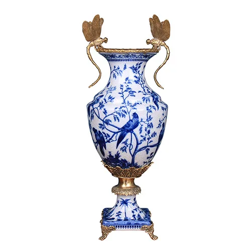 European retro Chinese ceramic vase soft copper blue white porcelain home living room office Christmas decoration