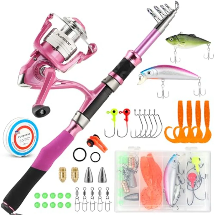 

Pink Telescopic Fishing Rod and Reel Combo with Spinning Reel Lures Line for Women and Girls Compact Fishing Gear Gift Set for