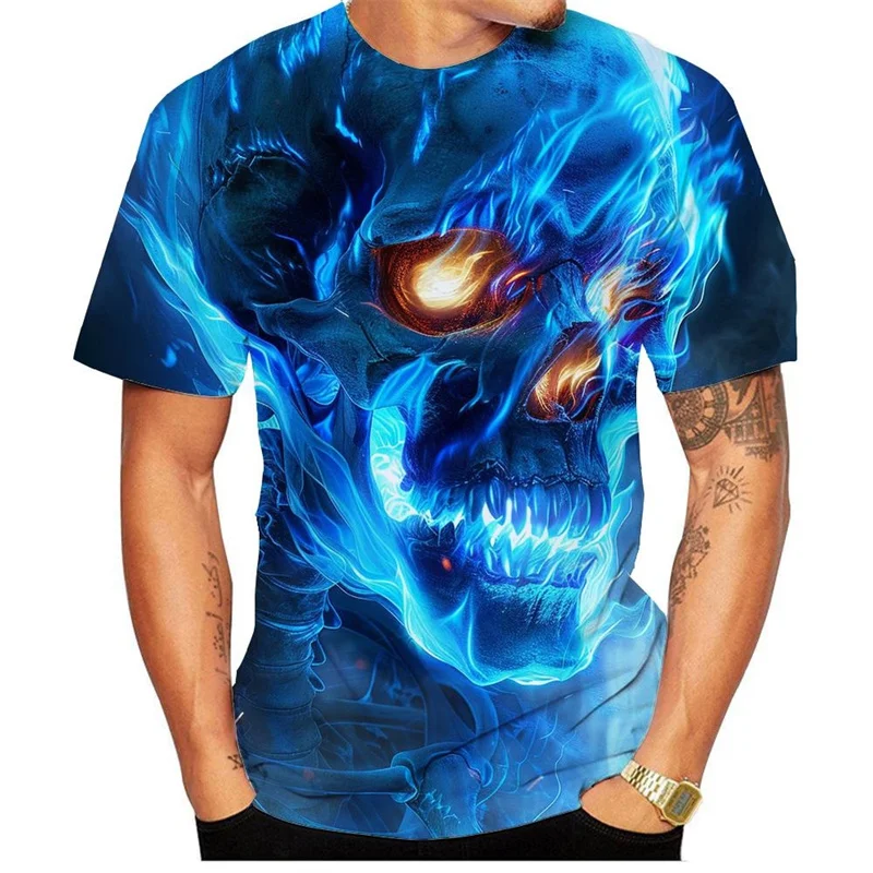 Blue Flame Pattern T-Shirt For Men Funny Skeleton 3D Printed Tees Summer Casual Short Sleeve Round Neck Tops Loose T Shirts