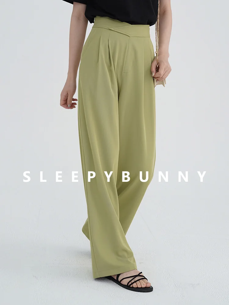 Women High-Waist Gray Wide-Leg Trousers 2025 Spring Autumn Petite Loose Fit Straight Suit Pants Elegant Casual Draped Slacks