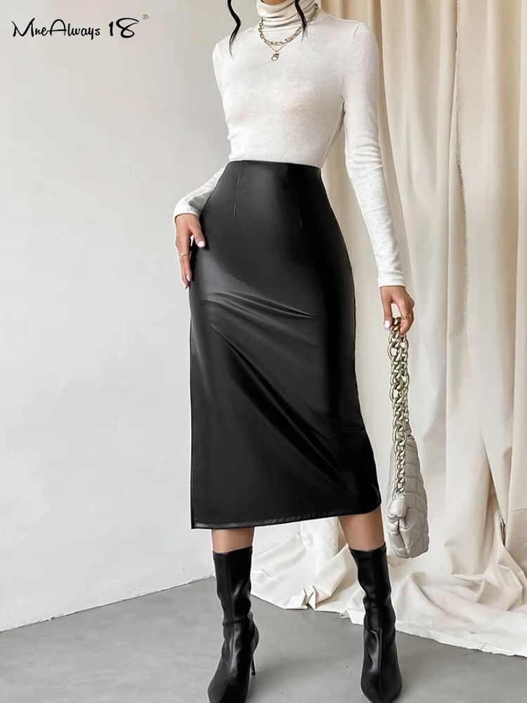 Mnealways18 Elegant Faux Leather Black Skirts Women Autumn Winter 2024 High Waist Midi Skirts Office Ladies Bodycon Split Skirts