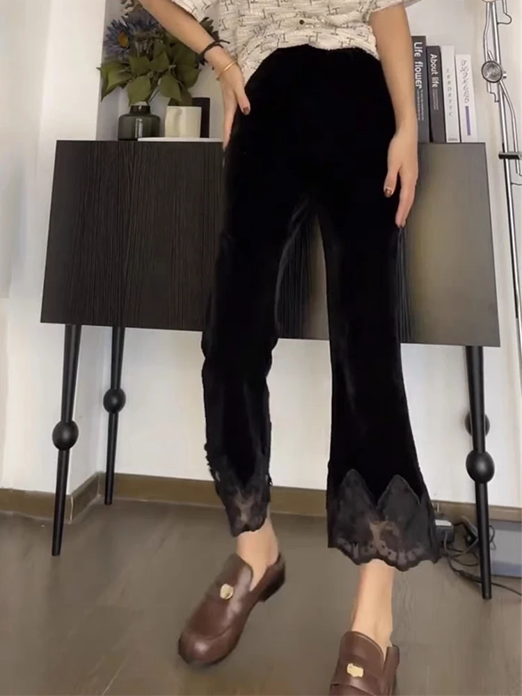 

Female Trousers Elastic Women's velvet Pants High Waist Wide Leg Chic and Elegant Clothing Korean Fashion New