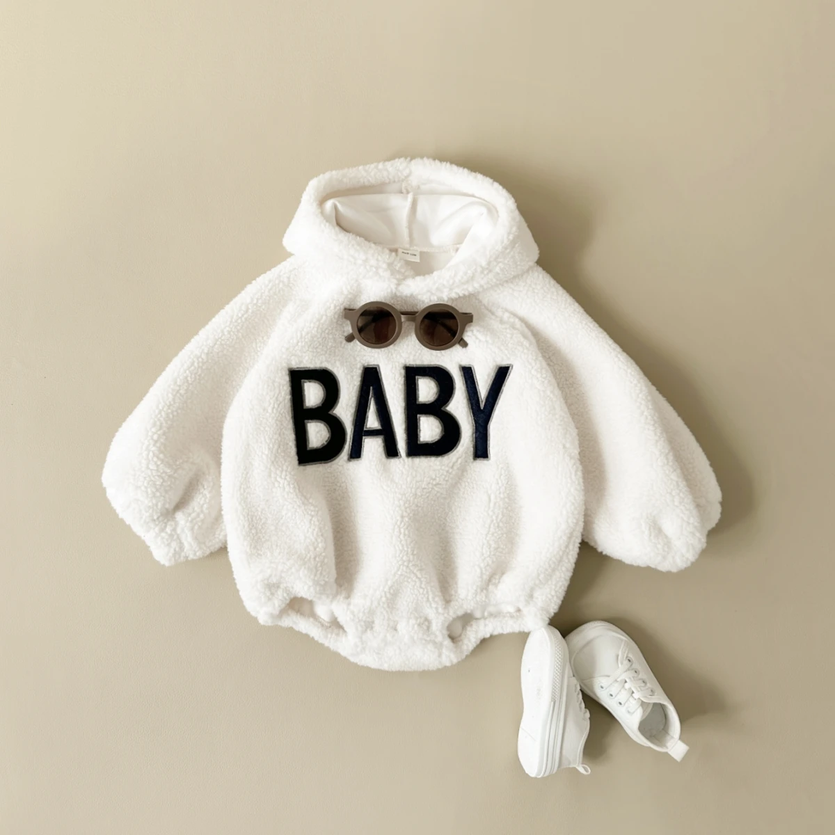 INS 2023 Winter Baby Boys Soft Fleece Hoodie Pullover Romper Letter Baby Clothes Baby Girls Fake Fur Toddler Lambswool Romper