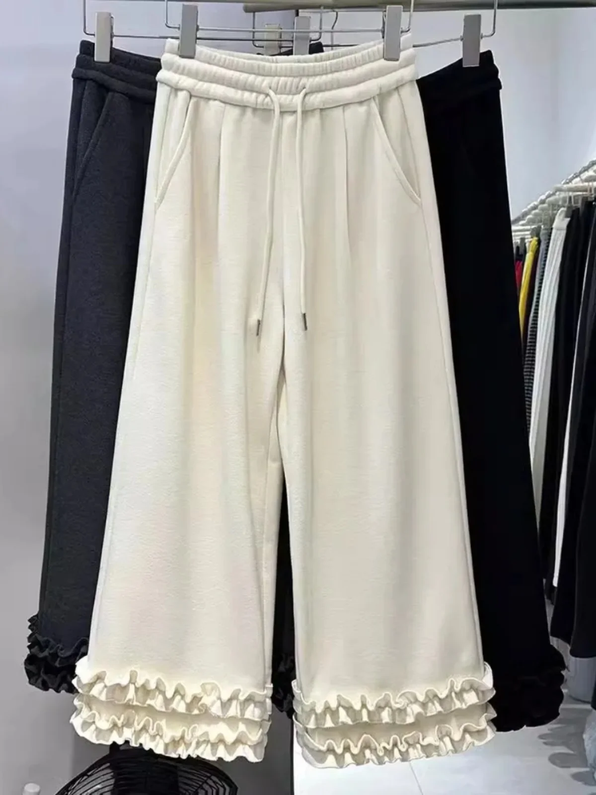 

Стильные повседневные брюки на флисовой подкладке для женщин больших размеров, широкие брюки свободного кроя, прямые брюки с эффектом похудения, зимние брюки с высокой талией