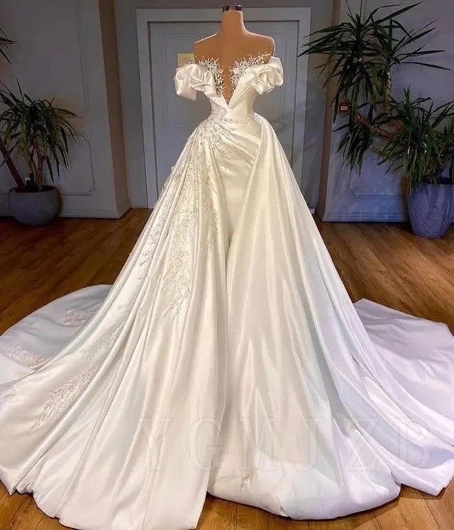 Robes de mariée princesse en perles de satin, robes gonflées pour mariée, perles de luxe, Off initié, patients de l'Arabie saoudite et de Dubaï, quel que soit le personnalisé, 2025