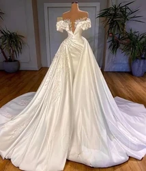 Satin Pearls Wedding Dresses Princess Puffy 2025 for Bride Luxury Beads Off Shoulder Saudi Arabia Dubai Bridal Gowns Customized
