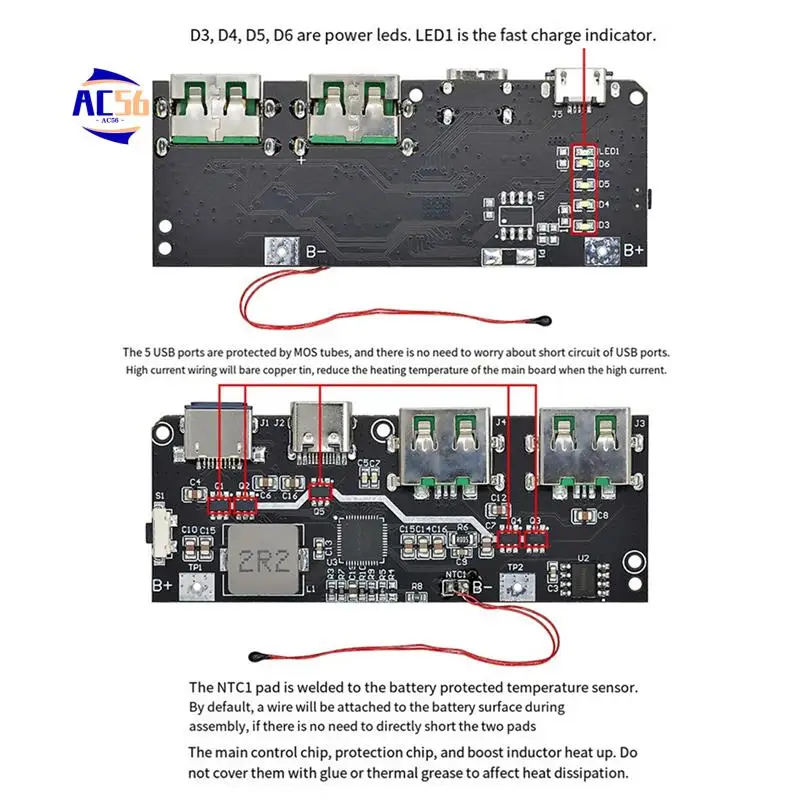 

AC56-22.5W Mobile Power Module Nesting QC4 PD3.0 5-Port Bidirectional Fast Charging Power Bank Circuit Board