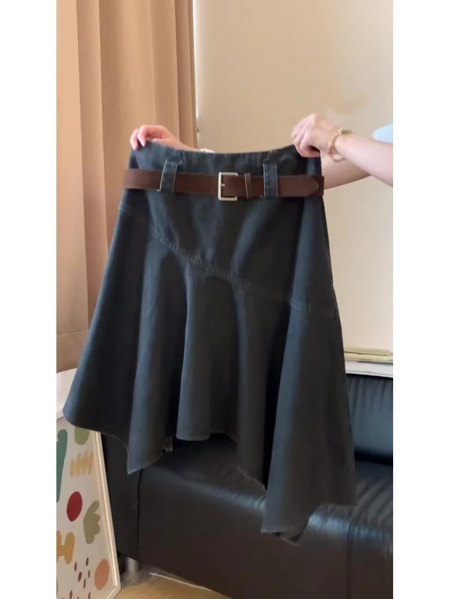 Asymmetric High Waist Denim Skirt for Women Summer New Vintage Design Mid-Length Black A-Line Skirt Ladies Fashion