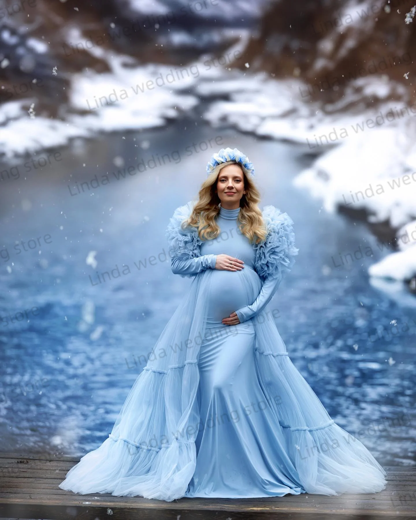 Illusion Sky Blue Maternity Dresses for Women Ruffles Full Sleeves Vestidos De Noche  Babyshower Gowns for Photography Props