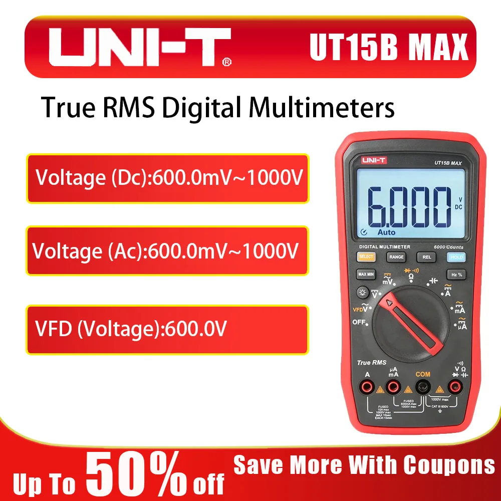 Professional UT15B MAX True RMS Multimeter with VFD Mode, Anti-Interference for Inverter Measurement, Tests NCV, Capacitance, Te