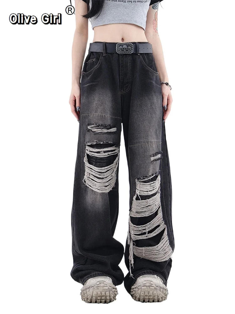 Olivegirl Women's Gothic Black Jeans High Waist Vintage Fashion Y2k Streetwear Ripped Pants Harajuku Wide Leg Denim Trousers
