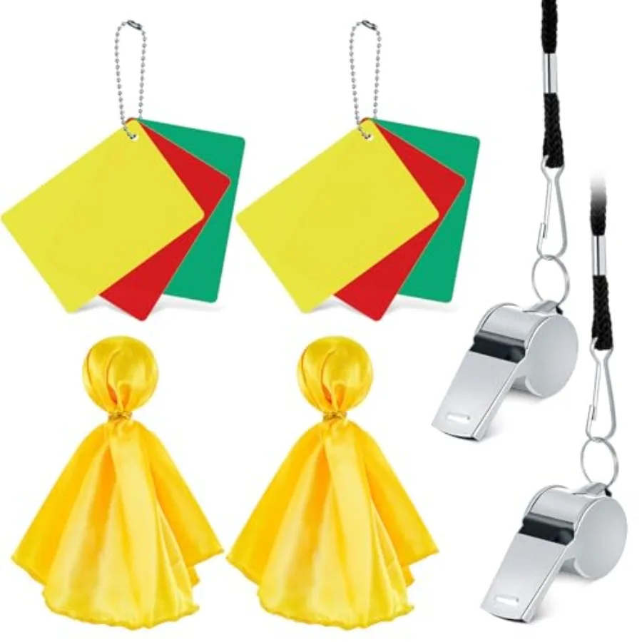 6 Pcs Perlengkapan Wasit Sepak Bola Termasuk 2 Set Kartu Wasit Hijau Merah Kuning 2 Peluit Wasit Logam dengan Tali Gantungan 2 Bola Sepak