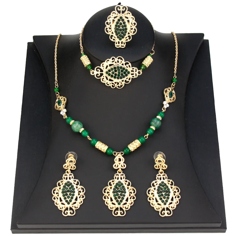 Neovisson Luxuriant Gold Color Bride Jewelry Sets Morocco Women Drop Earring Link Bracelet Beads Necklace Ring Fashion Jewelry