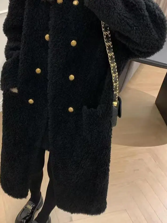 

Lamb Fur Jaet Women's Autumn Winter New Sle Loose Versatile Warm Mid-Length Retro Sle Polyester Fiber Coat for Ladies