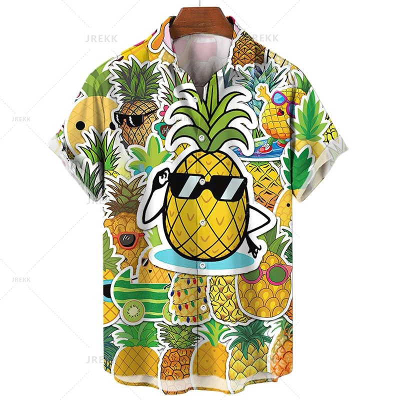 Cool Pineapple Party Hawaiian Shirt Man Summer Fruit 3D Print Graphic Short Shirts Vacation Leisure Cartoon Funny Lapel Shirt