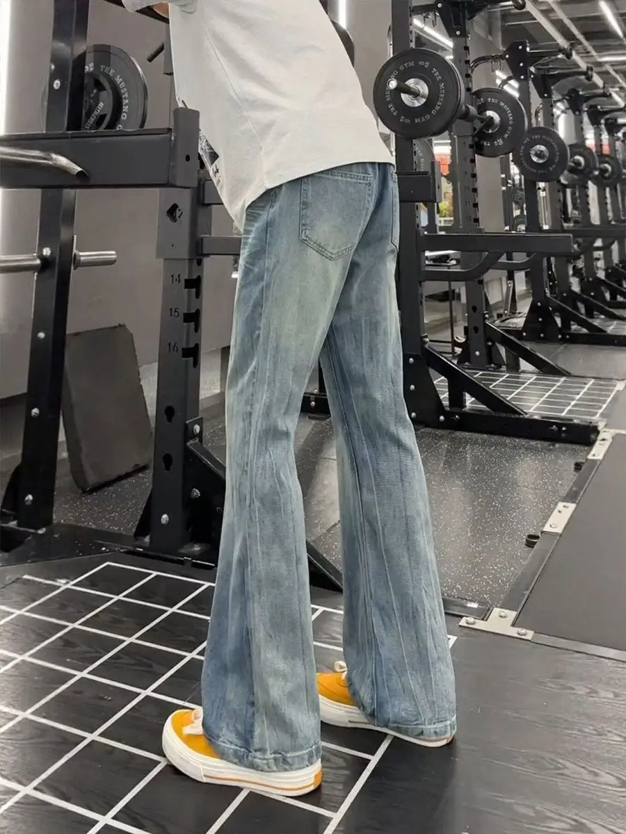 Retro American Hip Hop Chic Lightning Pattern Jeans Men's Straight Leg Slimming Bell Bottoms Water Washed Versatile Jeans