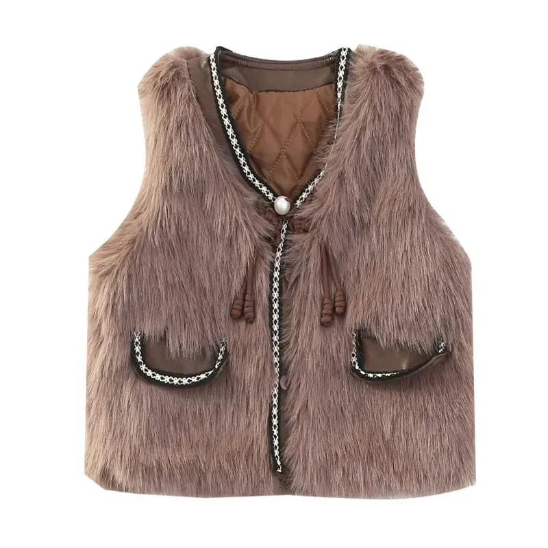 Kids High Streetwear Fall Winter Fur Waistcoat Child Clothes for Girls Brown Sleeveless Jacket Elegant Teenager Fur Vest 5-14 Y