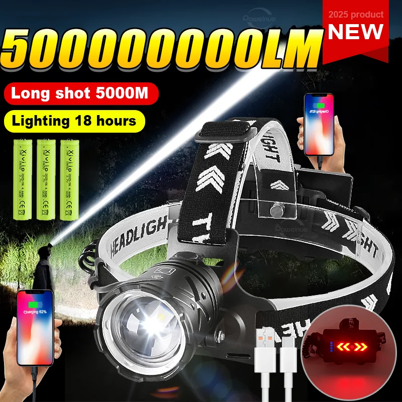 

500000000LM Ультра яркая фара 800 Вт Светодиодный мощный налобный фонарь Перезаряжаемый налобный фонарь 18650 Налобный фонарь для кемпинга на открытом воздухе