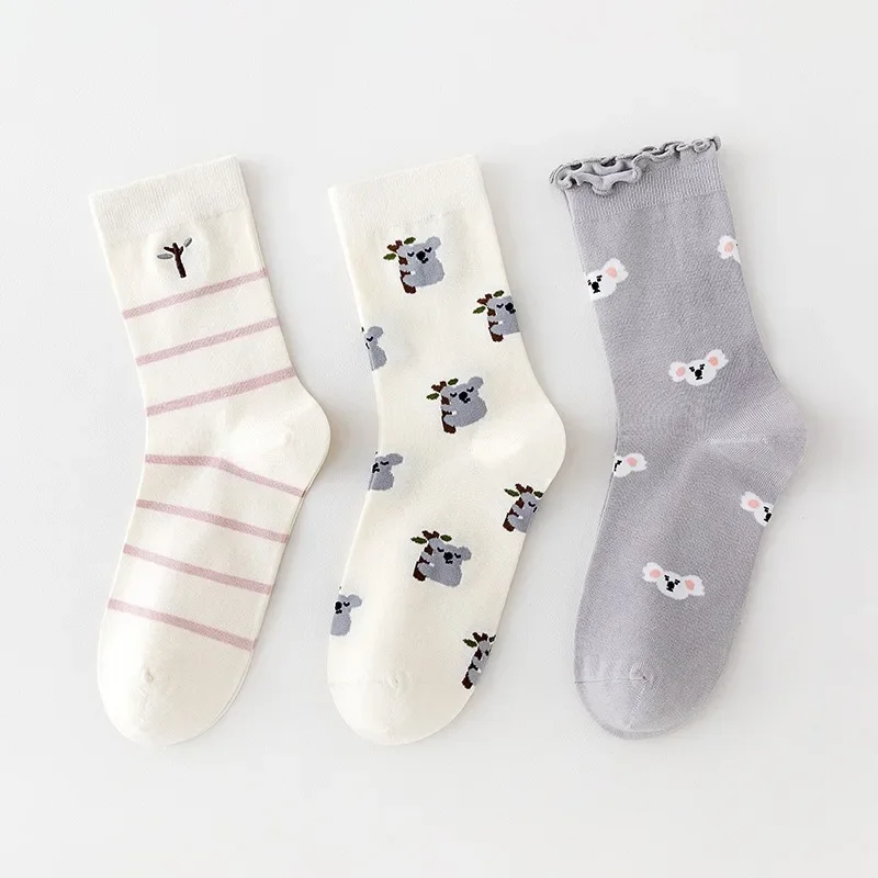 3 Pairs Stylish Cartoon Women Mid Calf Socks Seamless Combed Cotton Soft Breathable Durable Socks for Daily Wear