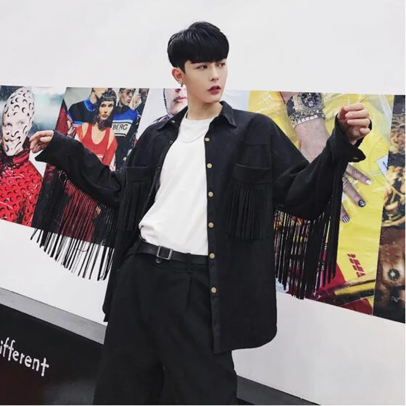 ฤดูใบไม้ผลิฤดูใบไม้ร่วงผู้ชาย Fringe เสื้อคอปกเสื้อแขนยาว Faux Suede พู่เสื้อ Moto Biker Tops Solid แฟชั่น Partywear