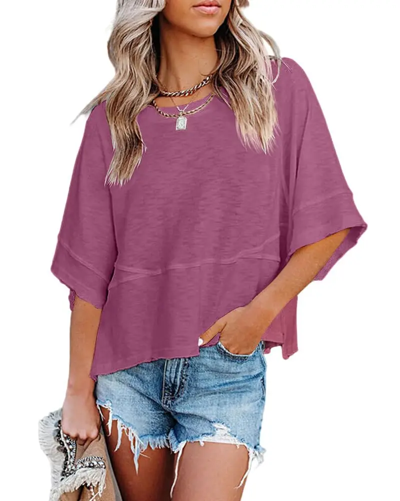 

Women's Summer Casual Crewneck Batwing Half Sleeve T-Shirts Solid Color Loose Fit Cute Basic Flowy Tops Tees Blouses