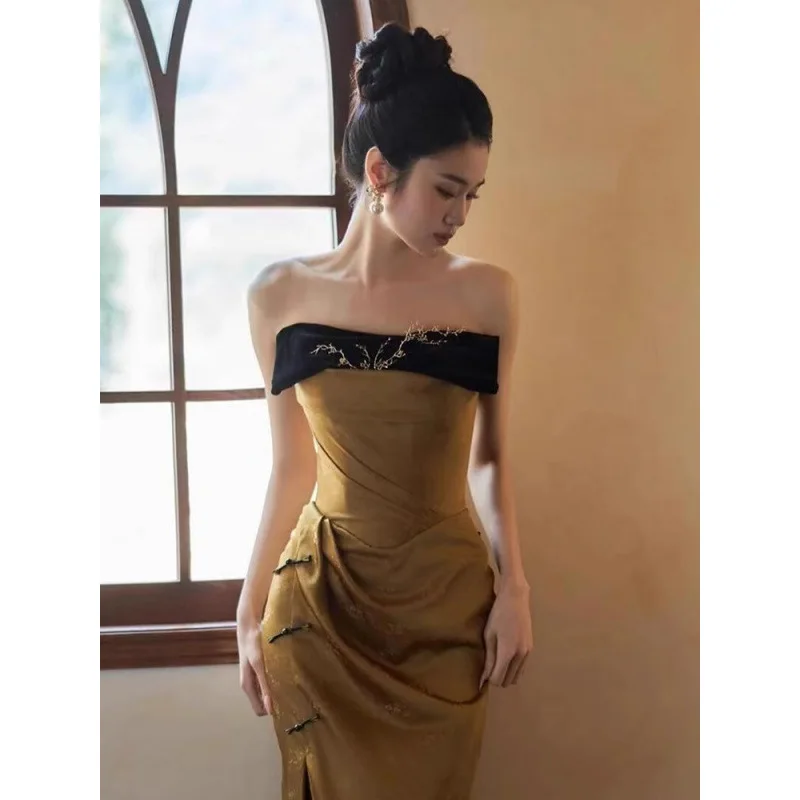 Morning Gowns Women's 2024 New High-Grade New Chinese Style Tube Top Toast Clothing Niche Retro Slit Bride Engagement Formal Dre