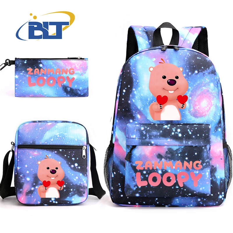 

Cute loopy print student school bag set kids gift youth backpack shoulder bag pencil case 3 piece set