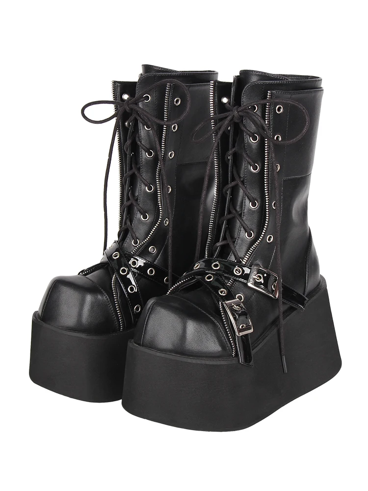 

2024 New Lolita Punk Boots Retro Square Buckle Sponge Tie Punk Boots Japanese Lolita Girls' Boots