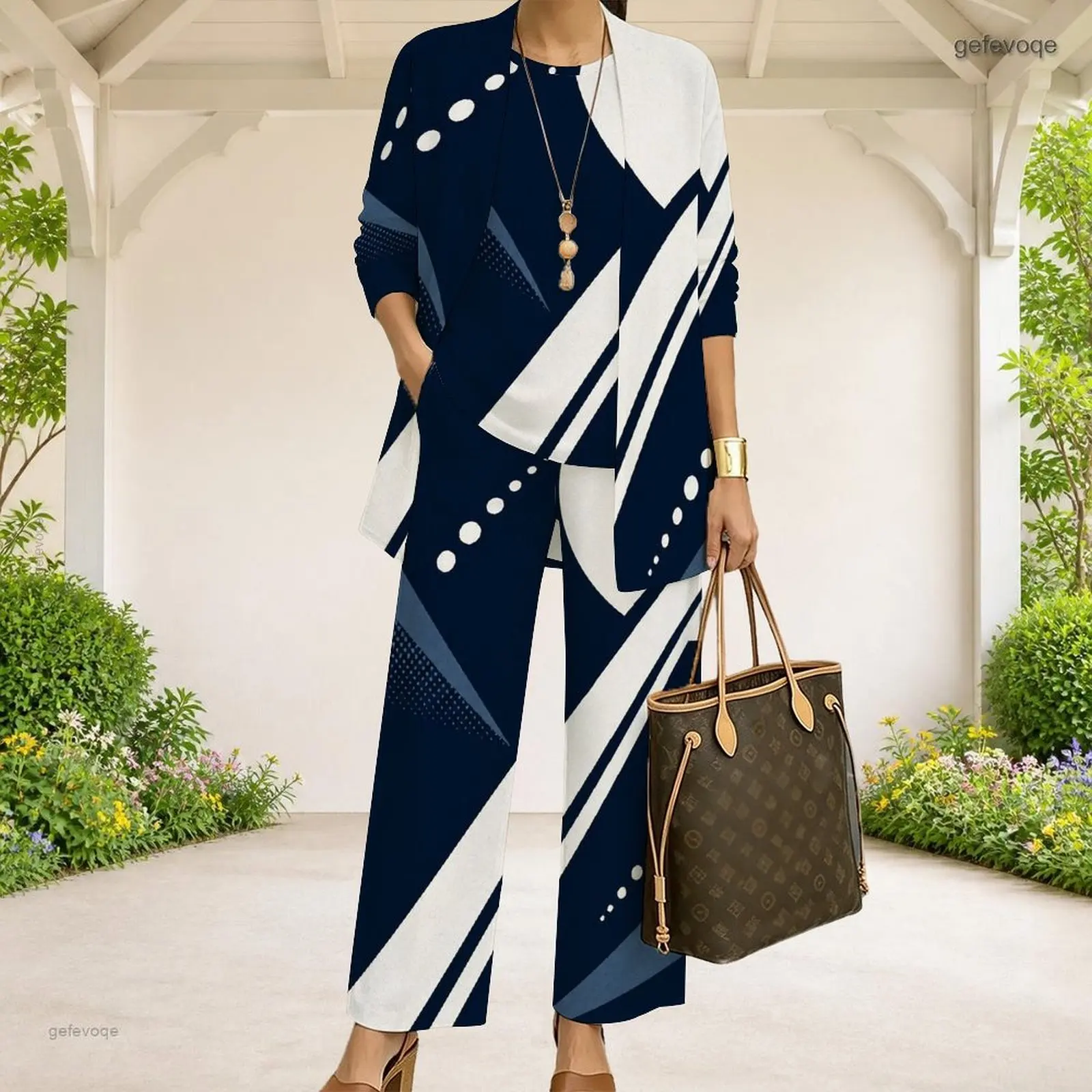 Women Radial Geometric Printed 3 Piece Pants Set 3/4 Sleeve Cardigan Sleeveless Top Long Pants Black White Orange - view 6