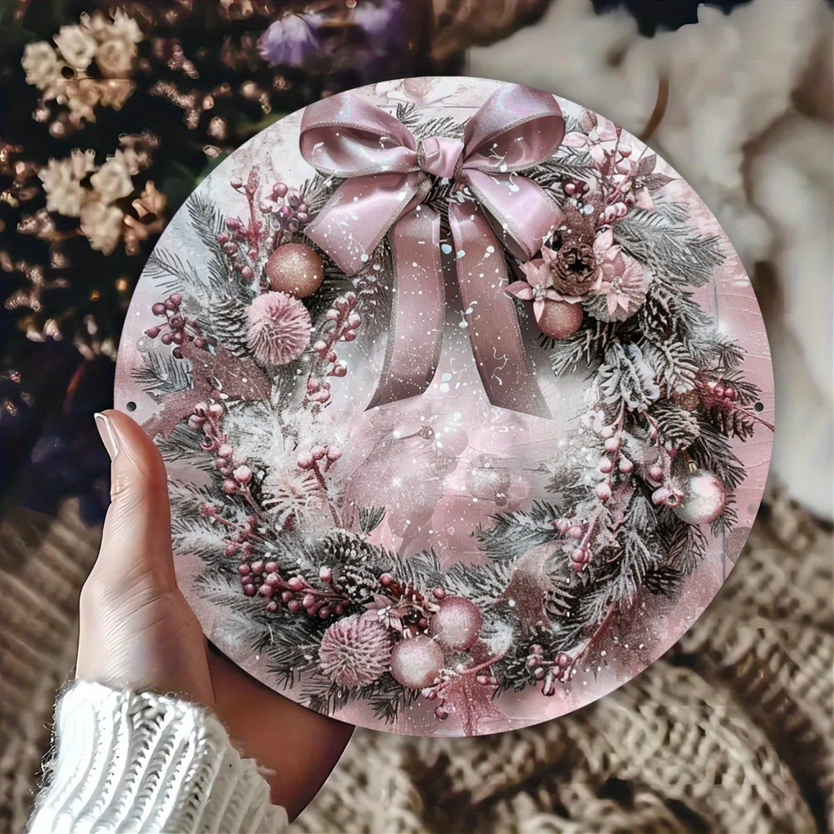 A Round Vintage Metal Aluminum Sign Featuring a Pink Christmas Wreath, Perfect for Holiday Decorations, Ideal for Homes, Cafes,