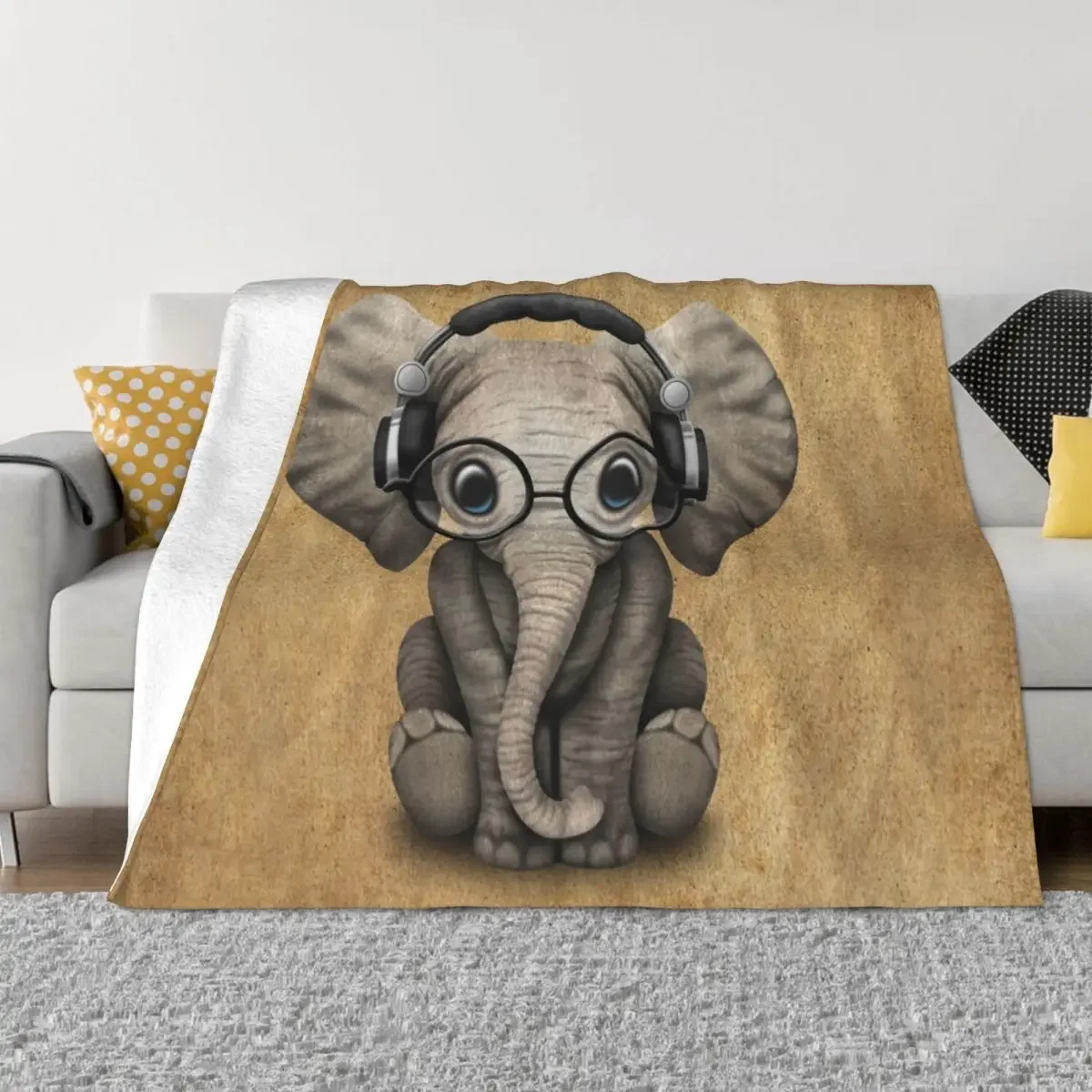 

Cute Baby Elephant Dj Wearing Headphones and Glasses Throw Blanket Sofa Quilt Fashion Sofas Blankets