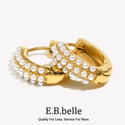 E.B.belle Stainless Steel PVD Plating Half Metal Half Pearls Small Size Gold Plated For Women Statement Earring Jewelry