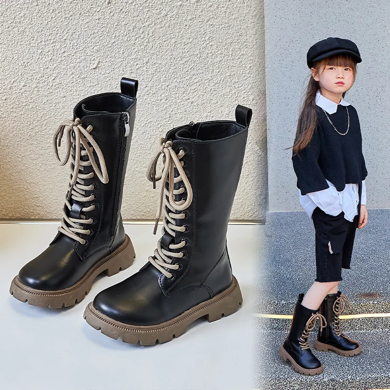 

Autumn/Winter Fashion Cool Baby Girls Warm Square Heel Round Toe Casual Lace-Up Comfortable Kids Black Mid Boots
