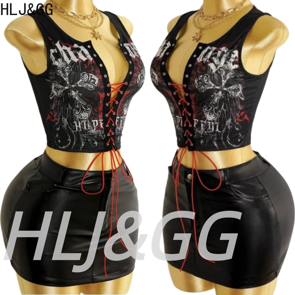 

HLJ&GG Black Fashion Letter Bandage Vest Two Piece Sets Women Sleeveless Tank Top And Button Leather Mini Skirts Outfits Street