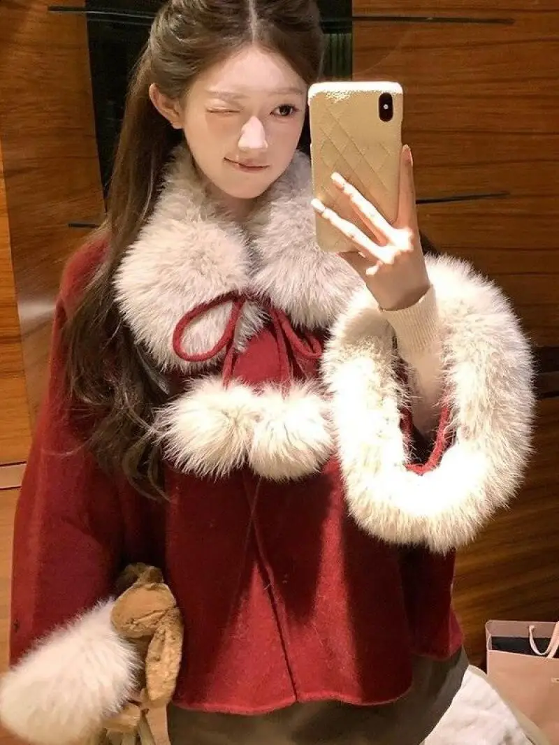 한국 스타일 여성 레드 케이프 울 코트와 스커트 세트 여성 겨울 신년 파티 의상 우아한 패션 아우터웨어 귀여운 카와이