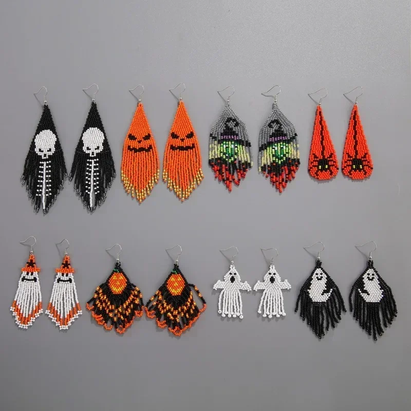 All Saints' Day Originality Play Tricks Skull Ghost Hand Knitting Tassel Bohemia Design Tide Beaded Earrings for Women