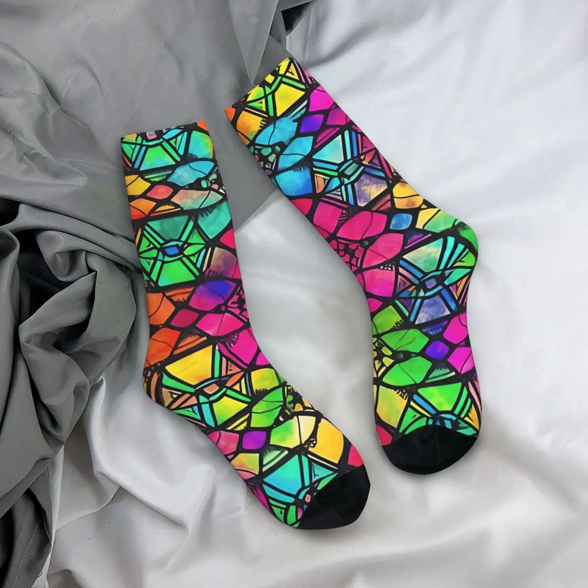 Masculino Psychedelic Neon Groove Socks, Crew Socks, Retro, Harajuku, Street Style, Novidade, Padrão