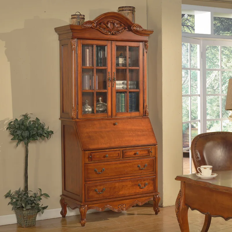 American solid wood bookcase desk integrated, European retro two-door bookcase with door floor storage cabinet
