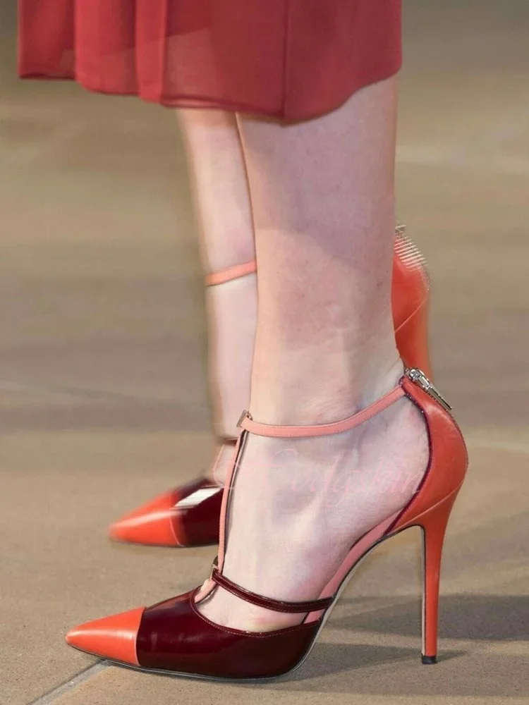 

Pointy Toe Patchwork Sandals Buckles Straps Thin High Heels Mixed Colors Leather Women Sexy Shoes New Summer Style Zipper Party