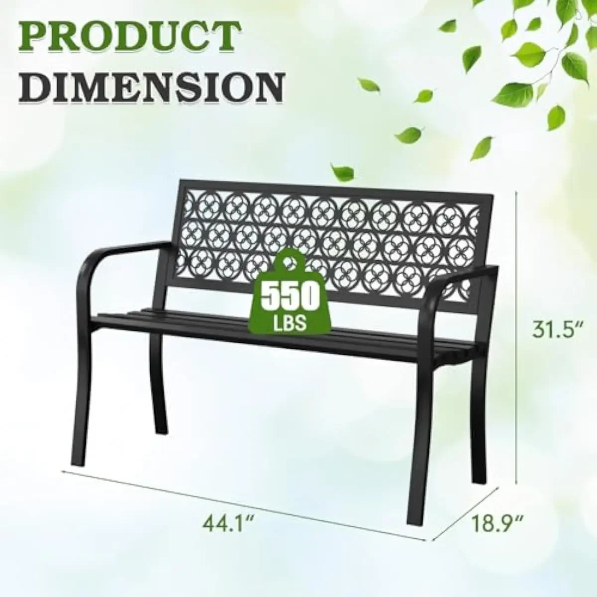 44 Inch Heavy-Duty Cast Iron Garden Bench with Curved Backrest Armrests and Decorative Grid Pattern Ideal for Patio Yard Porch P